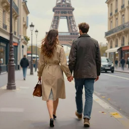 Painting of a couple holding hands walking in the streets of Paris
