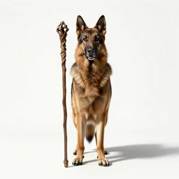 tattooed shepherd with staff, studio photography, full body, standing, isolated on a pure white background, centered, whole figure in frame, sharp focus, studio lighting