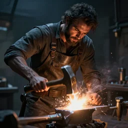 Blacksmith creates new element with hammer, arnold render, ultrarealistic, bloom, mythic