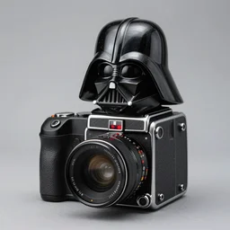 photograph of a medium format camera!!! that looks like Darth Vader's (helmet) . very detailed. plain background. 8K . still life photo. elegant design.