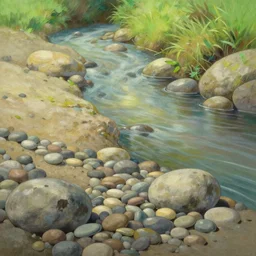 pebbles and rocks by a creek, studio ghibli background art, elegant painting, bob ross, natural lighting, sunlit