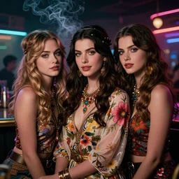 sophisticated portrait of anne hathaway brie larson kat dennings, 1 9 8 0 s flower power hippy, very smoky cyberpunk paris bar, elegance, highly detailed, shallow depth of field, artstation, artgerm, moebius, dark cyberpunk neon atmosphere, donato giancola and joseph christian leyendecker