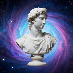 3 d sci - fi cgartist double exposure rendering of a hyper realistic marble greek statuary bust floating in space, at the vast pulsating interdimensional fractal space portal at the psychedelic vaporwave ombre event horizon by chris moore, by edward hopper, by col price, trending on artstation