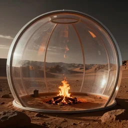 campfire in a valley on mars inside of bubble habitat