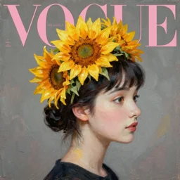 sunflower tiara, korean audrey hepburn, vogue magazine, greg rutkowski, john singer sargent, trending on artstation, anime, oil painting, side profile portrait, looking right, intricate, centered