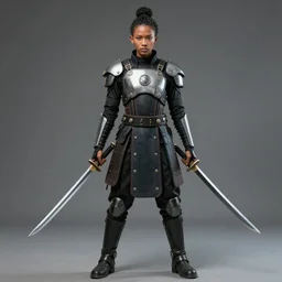 African-Asian samurai carrying two swords, wearing a futuristic outfit