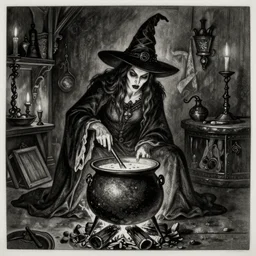 an etching of an evil witch who is stirring in a cauldron that is placed over a fire. The room is dimly lit
