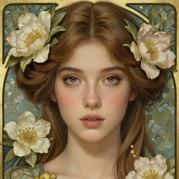realistic detailed face portrait of a beautiful woman with flowers in her hair by jenny savilla, fairytale, art nouveau, victorian, neo - gothic, character concept design, smooth, extremely sharp detail, finely tuned detail, story book design, storybook layout