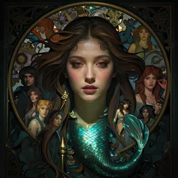 stunning, breathtaking, awe-inspiring award-winning realistic concept art face portrait of mermaid Ashley Liao as a nymph, by Alphonse Mucha, Ayami Kojima, Amano, Charlie Bowater, Karol Bak, Greg Hildebrandt, Jean Delville, and Mark Brooks, Art Nouveau, Neo-Gothic, gothic, rich deep colors, cyberpunk, extremely moody lighting, glowing light and shadow, atmospheric, shadowy, cinematic, 8K