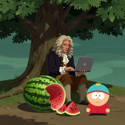 sir isaac newton sitting under a tree on a hill holding a macbook - pro, a big broken watermelon is lying on the ground next to him, a cartoon in the style of south park