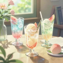 cold drinks, ice cream, peach embellishment, books and flowers, trending on makoto shinkai, dreamy, soft, global illumination, radiant light, intricate environment, luminescence, highly detailed, 8 k