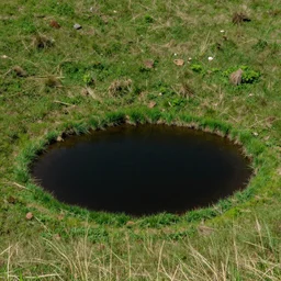 photo small Lake with black dark water in center reality surrounded by grass