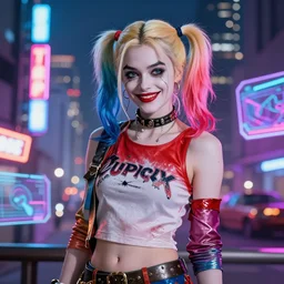 harley quinn standing, smiling softly, cyberpunk setting, beautiful cityscape background, neon signs, vibrant colors, holograms, 4k, digital art