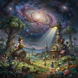a beautiful landscape painting of steampunk landscape by jean - honore fragonard and don bluth and makoto shinkai, a junk nebula in the sky, galaxies visible, giant trees and colourful flowers, light rays, trending on artstation, octane render