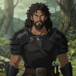 anime portrait of male barbarian in the wilderness, simple black armor, rugged, brown skin, messy curly hair, unkempt beard, high fantasy, highly detailed, digital illustration, by kurone mishima