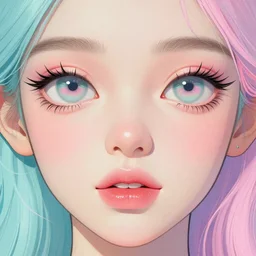 “Detailed maximalist portrait with large lips and large eyes. 8x HD mixed media, 3D collage, highly detailed and intricate illustration in vibrant pastel tones. colourful matte background”