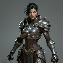 hyper detailed ultra sharp full body character portrait of a woman wearing hextech armor, in the style of arcane tv show, muted colors, action pose, cinematic lighting, good value control, symmetrical face details, realistically rendered eyes, photorealistic eyes, arcane, league of legends