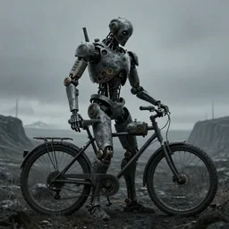 dark human pose, steam punk, robot, machine with detailed parts like gear wheels, terrible, scary, bike parts, ominous, organic, desaturated, 8K matte, bad gray and blue lighting, cold norse landscape, abandoned place, epic scene by Emil Melmoth by Gustav Klimt