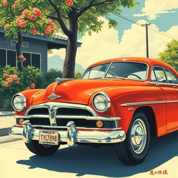 a beautiful painting old car, by ukiyo - e award - winning art color screen printing