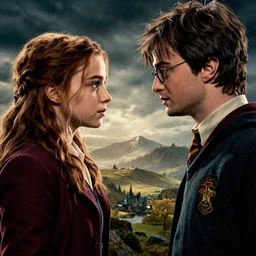 side view of katniss everdeen facing harry potter, fantasy movie poster