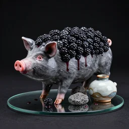 a pig with a mount full of blackberries sculpture, glass blackberries, obsidian and and pumice and japanese glazed pottery, mounted on a glass platform, berry juice droplets, black background, zen,