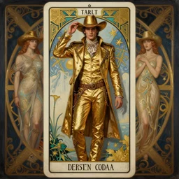 a dramatic ethereal epic symmetrical painting of a !!handsome!! cowboy in a gold outfit | tarot card, art deco, art nouveau,  (steampunk), homoerotic, realistic | by Dresden Codak, by Mark Maggiori and ((((Alphonse Mucha))) | trending on artstation