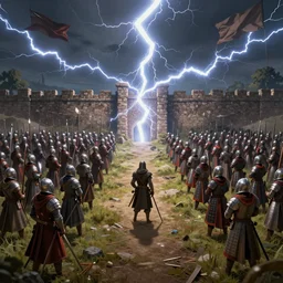 medieval army on the left, medieval army on the right, wall made of lightning in the middle of the battlefield, trending on artstation, cgsociety, 8 k, cinematic, unreal engine, octane render, illustration digital painting, sharp focus, art by wlop and greg rutkowski, rule of thirds, golden ratio, ambient lighting