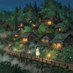 anime, incredible wide screenshot, ultrawide, realist proportions, paper texture, intricate, very detailed, studio ghibli movie scene, girl in a dress walking the beautiful forest town, lanterns, wood bridges, night outdoors, fireflies!!!!, fog, dust