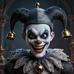 the evil jester smirking, duo - tone cap with bells, lovecraft scene, detailed portrait, 3 d, intricate details, by vincent di fate, artgerm, smooth gradients, octane render, 8 k, volumetric lightning, depth of field, coherent face