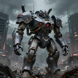 cinematic still of a zombie heavy mech, by kow yokoyama, maschinen krieger, hobby japan, stormy post apocalyptic cyberpunk gothic city, highly detailed, shot with canon 5 d mark ii, face detail, rob bottin, rick baker, jordu schell, artstation, cg society, soft illumination