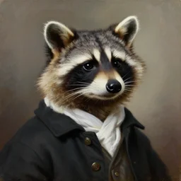 a head - and - shoulders portrait of a raccoon wearing a black buttoned jacket with a white scarf, an american romanticism painting, a portrait painting, cgsociety, soft focus, oil on canvas
