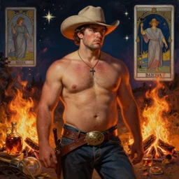 a dramatic, epic, ethereal painting of a handsome thicc shirtless cowboy with cowboy hat with a beer belly wearing a large belt | background is a late night campfire with food and jugs of whisky | homoerotic | fire, flames, stars, tarot card, art deco, art nouveau | by Mark Maggiori ((((and Alphonse Mucha)))) | trending on artstation