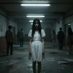 creepy woman wearing white dress standing in the backrooms, playable trailer, psychological horror, the eerie forlorn atmosphere of a place that's usually bustling with people but is now abandoned and quiet, buzzing fluorescent lights above the ceiling, unsettling images, liminal space, dark