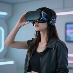 young female in a futuristic world wearing virtual reality headset retro futuristic