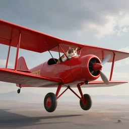 a calico cat piloting a red biplane photorealist