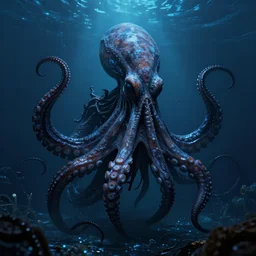 Huminoid Ocean Horror, creepy, bioluminescent, Kracken, octopus skin, photo realistic, unreal engine, octaine render, shot with Canon EOS R3 20mm, cinematic, color scheme blue and black, style of Slither