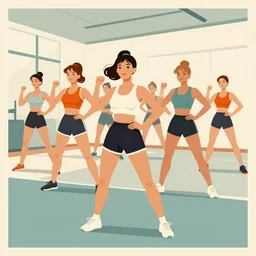 girls group fitness class in a gym, very coherent, 1 9 5 0 s propaganda poster art, two tone, muted colors