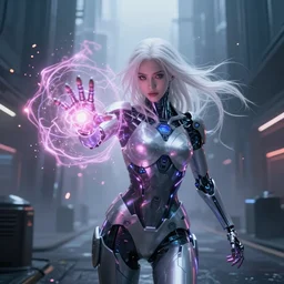 cyberpunk android sorceress casting a magical spell, scifi, special effects, beautiful girl, white hair, cinematic lighting, atmosphere, blade runner, sparks, energy shield, digital world, highly detailed, futuristic street, foggy weather, masterpiece, artstation, art by eddie mendoza and leif heanzo