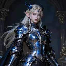 Gothic elf princess in dark and blue dragon armor, by Rembrandt and Masamune Shirow, highly detailded