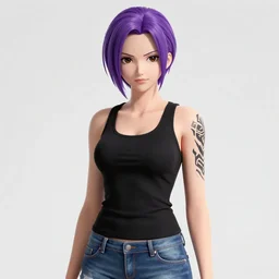 a portrait of revy from black lagoon, black tank top, jean shorts, brown eyes, purple hair, tribal tattoos right arm sleeve, symmetrical eyes, symmetrical face, art by lois van baarle and loish and ross tran and rossdraws and sam yang and artgerm