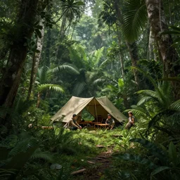 a surrounded hidden camp in the jungle, concept art by yongfei liu, alben tan, vance kocas, octane rendered