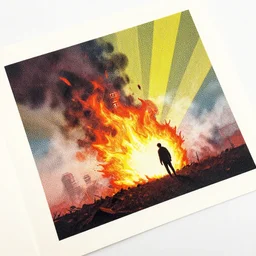angled editorial illustration of a lone man standing in habitat 6 7, ( ( dot shaded ) ), burning on fire, modern, karolis karolis strautniekas, ilya kuvshinovs halftone texture, rich grainy texture, detailed, dynamic composition, matte print, risograph, smoke, ( ( sunbeams ) ), fog, colorful
