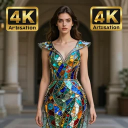 photo of a beautiful woman wearing a dress made of stained glass, incredibly detailed, trending on artstation, award winning, 8K