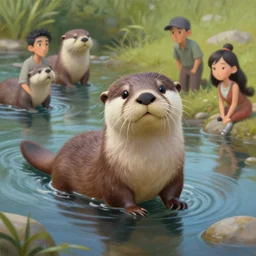 a painting of a cute otter at a river. character design by cory loftis, fenghua zhong, ryohei hase, ismail inceoglu and ruan jia. volumetric light, detailed, rendered in octane