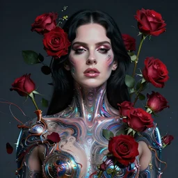 portrait of lana del rey as a cyberpunk cyborg. roses, sci - fi, intricate abstract, upper body, intricate artwork, by tooth wu, wlop, beeple, dan mumford. concept art, 8 k octane render, deviantart, greg rutkowski, cinematic, key art, hyperrealism, iridescent accents