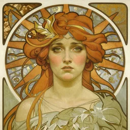 detailed portrait art nouveau painting of Anna Cathcart as the goddess of the sun, with anxious, piercing eyes, by Alphonse Mucha, Michael Whelan, William Adolphe Bouguereau, John Williams Waterhouse, and Donato Giancola
