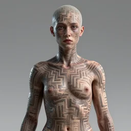 : androgynous person with maze pattern skin all over hyper detailed art station  parabolic lighting  contest winners unrealengine trending on artstation,cinematic, hyper realism, high detail, octane render, 8k