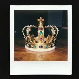 1 9 8 0 s vintage polaroid photograph of a royal crown decorated with gemstones and malachite, on a table ; grainy image artifacts, vignette