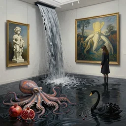 painting of a flooded art gallery and a tall emo girl, wide view, a waterfall of squid ink coming from a painting and flooding the gallery, stone sculpture of an octopus, pomegranates, octopus, zen, black swans, berries, surrealist, by magritte and monet