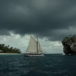 color photo of a 1 9 2 5 seiner sailing with the jamaican shoreline with the mouth of a sea cave at the waterline, dark, brooding, atmospheric, seascape, lovecraft, horror, smooth, epic, highly detailed, cinematic, annie lebowitz